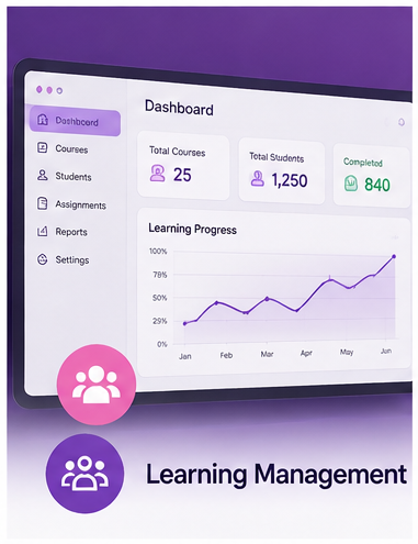 Learning management dashboard showing courses, students and progress