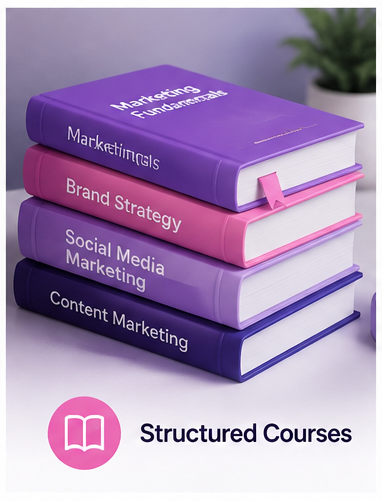 Stack of structured course books covering marketing topics